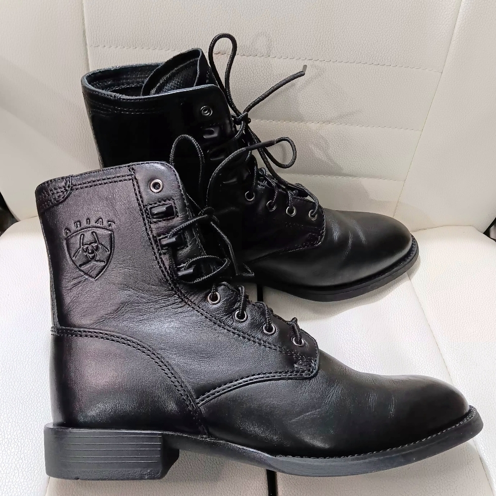 Ariat ATS Women's 6.5C Black Leather Lace Up Ankle Boots Western Moto Workwear